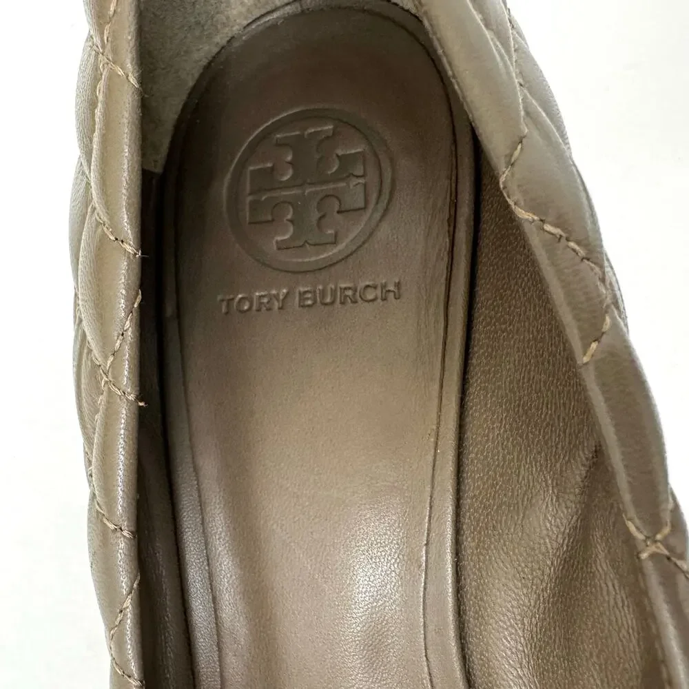 Tory Burch Quinn Quilted Leather Wedge Pumps Shoes Dark Taupe 10M Double T Logo